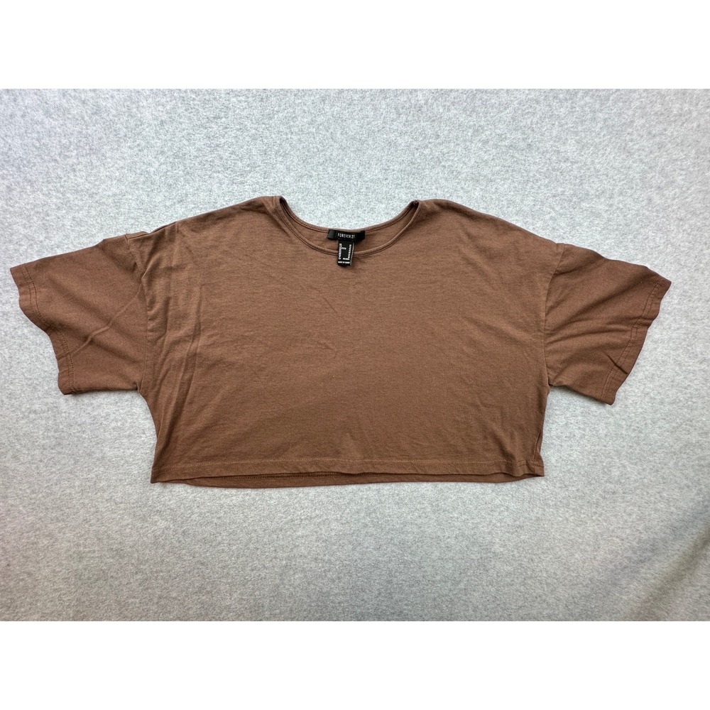 Forever 21 Womens Medium Brown Cropped T-Shirt Boxy Short Sleeve Crew Neck Tee